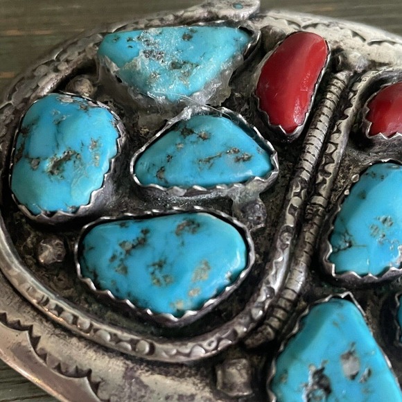 Rare Vintage Effie C Calavaza Turquoise and Coral Sterling Belt Buckle - Picture 8 of 14